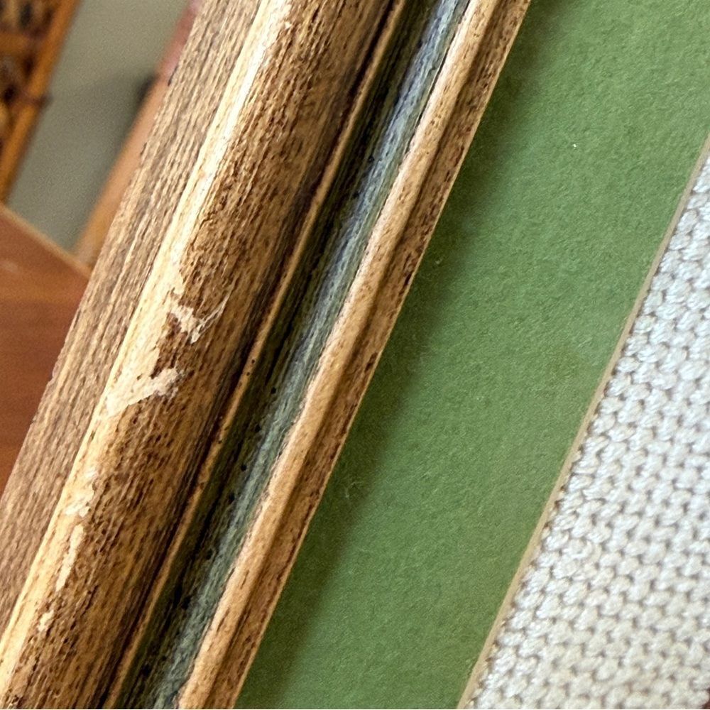 Vintage 70’s Framed Needlepoint House Art With Green Mat inside Brown Wood Frame - Picture 8 of 15